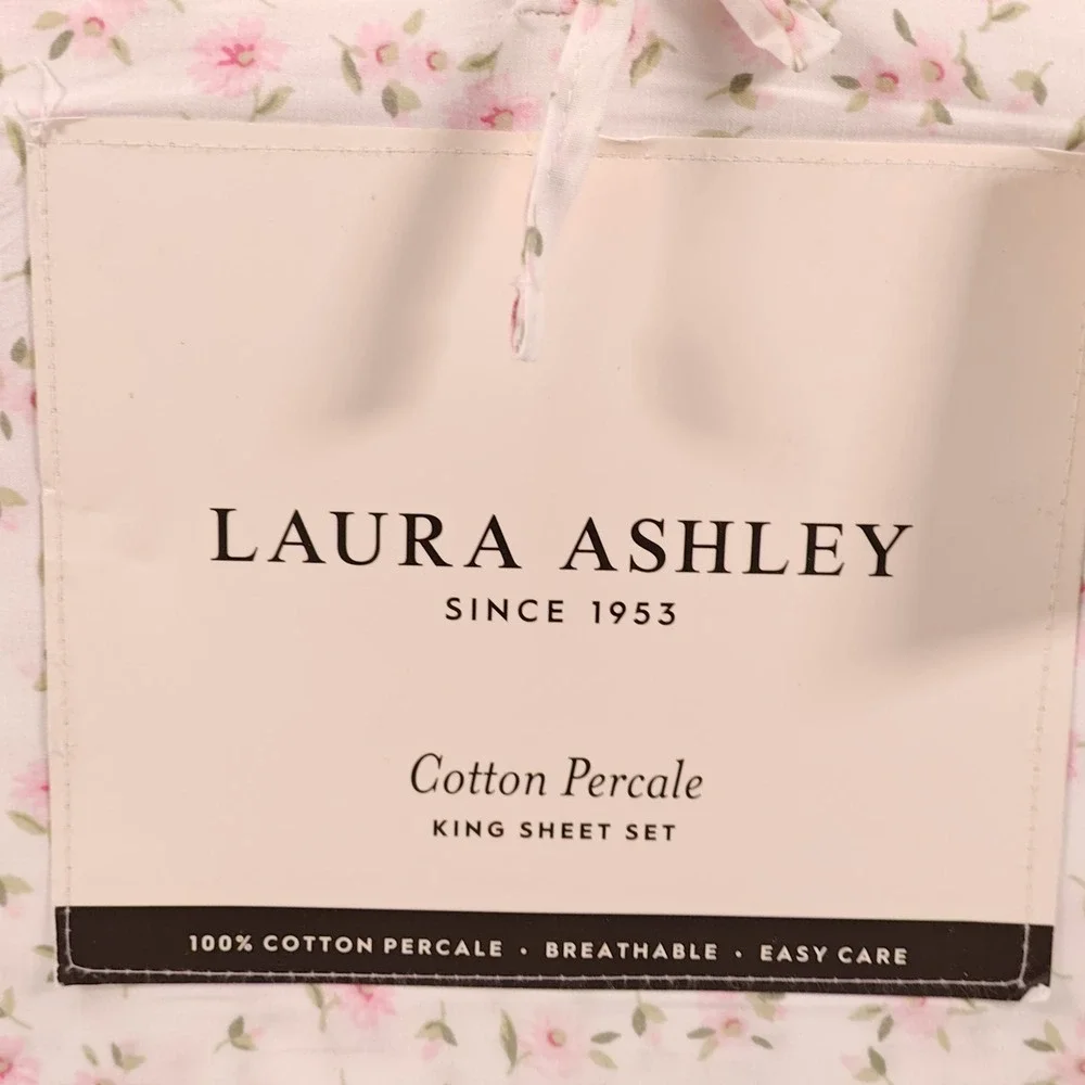New LAURA ASHLEY King Sheet Set Little Ditsy Pink Floral Cotton Percale 4-Piece